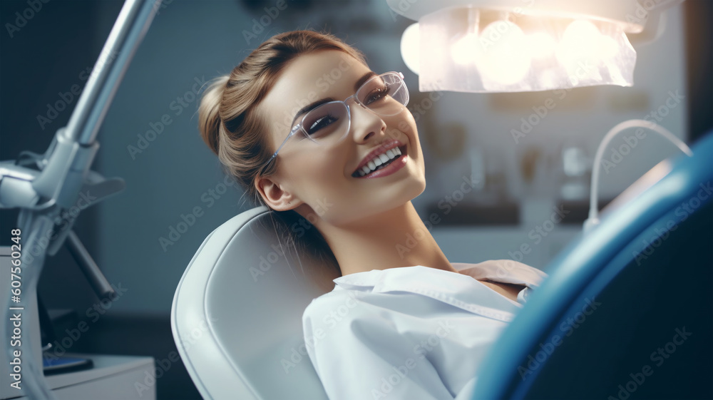 Obraz premium Patient at the dentist's appointment sitting in the dental chair, dental treatment, dentures, cavities, Generated AI