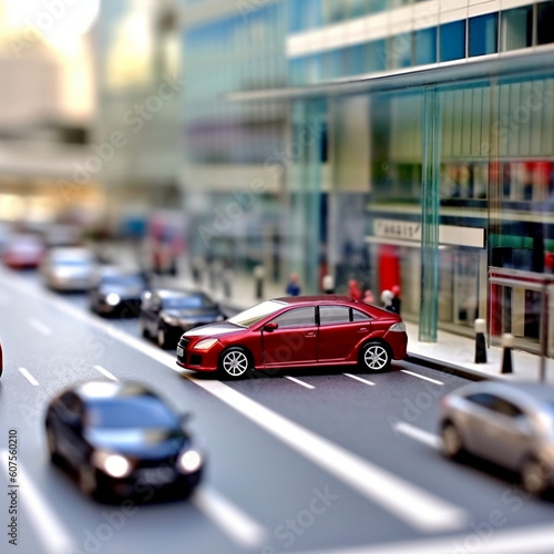 Cityscape with Red Car in Tilt-Shift Focus, generative AI