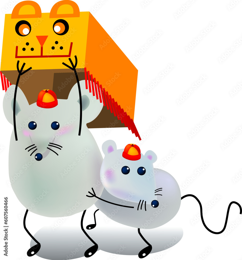 Fototapeta premium Two little mouse playing lion dance, cartoon, vector, illustration