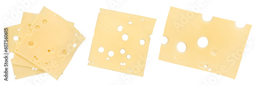 Emmental cheese isolate. Cheese slices with big holes close-up. Emmental cheese is cut into thin slices of different shapes, isolated on a white background.