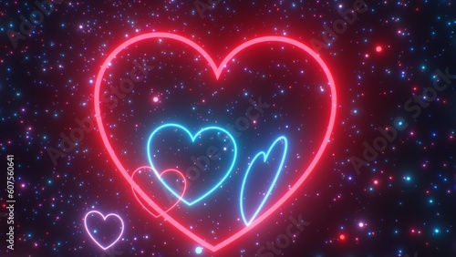 Fast Bright Magical Neon Glowing Heart Shape Lights Tunnel Sparkles - Abstract Background Texture