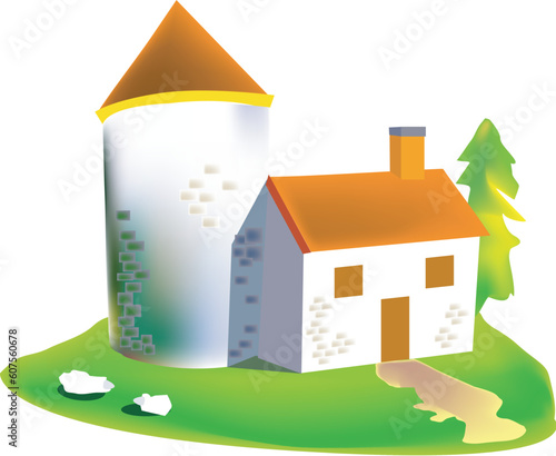 a vector illustration for a stone house, and two sheep on the grass