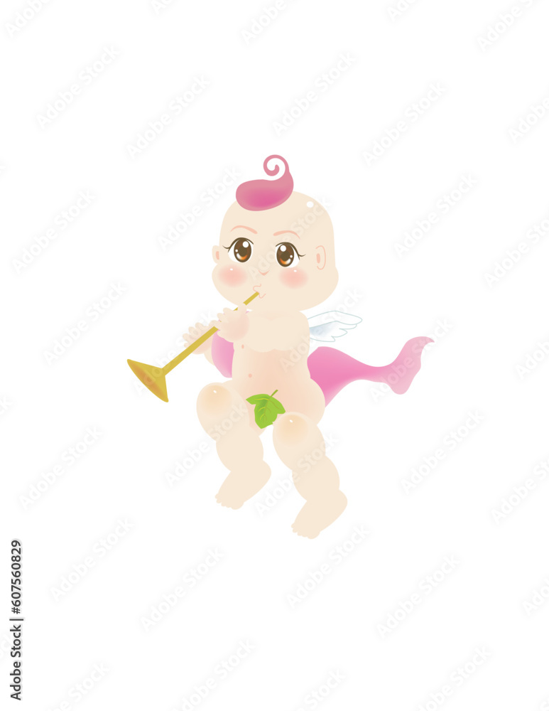 vector illustration for a baby angel playing a horn, flute vector illustration for a baby angel playing a horn, flute