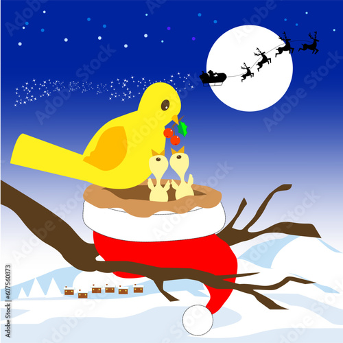 santa gave his hat for yellow birds as a gift, cartoon, vector