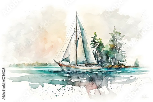 watercolor sailboat scene on white background