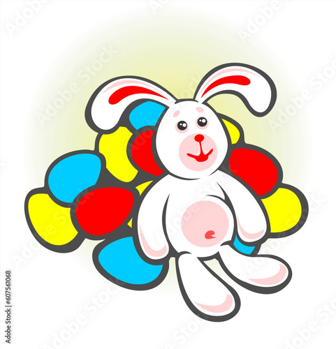 Cheerful  bunny and easter eggs  on a white background. Easter illustration.