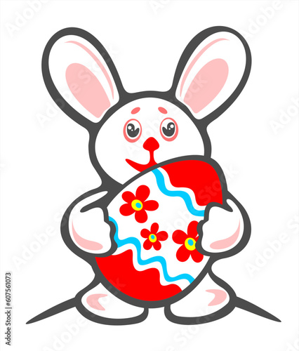 Cheerful  bunny and ornate easter egg  on a blue background. Easter illustration.