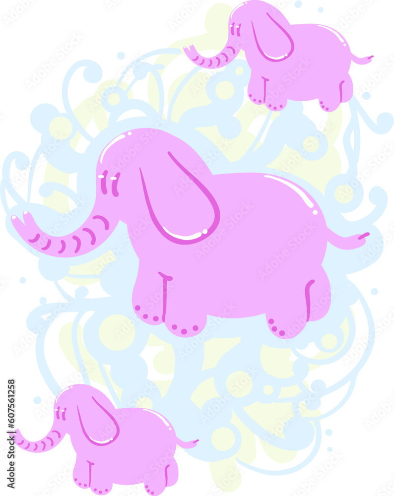 A group of pink elephants on a swirly background. A group of pink elephants on a swirly background.
