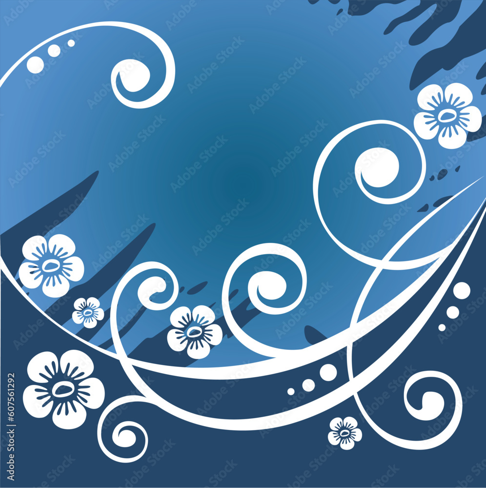 dark blue stylized  background with white flowers and curls.