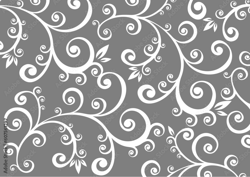 White stylized floral pattern on a gray background. White stylized floral pattern on a gray background.