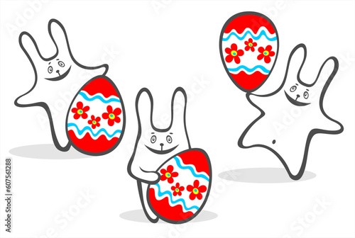 Three cheerful bunny with easter eggs isolated on a white background. Easter illustration.
