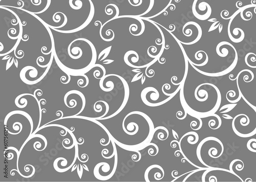 White stylized floral pattern on a gray background.