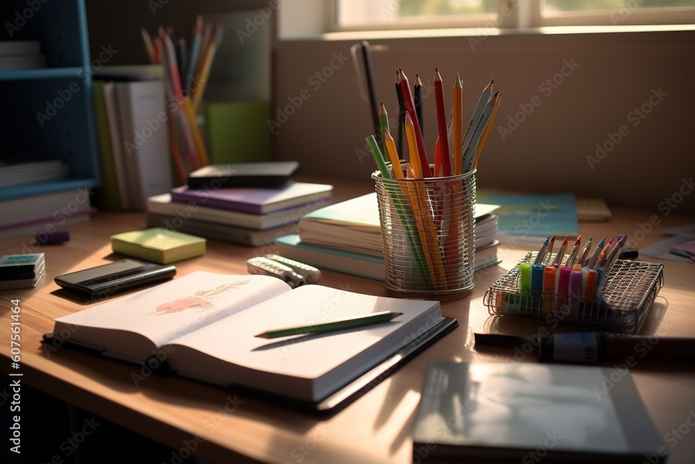 Study desk close up shot. Back to school concept. Generative AI Study desk close up shot. Back to school concept. Generative AI