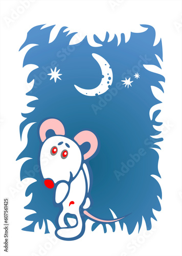 Stylized timid mouse on a dark blue ornate background. Digital illustration.