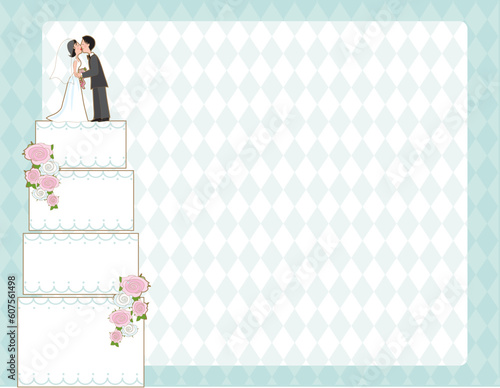 Wedding cake with bride and groom on top against a checkered background
