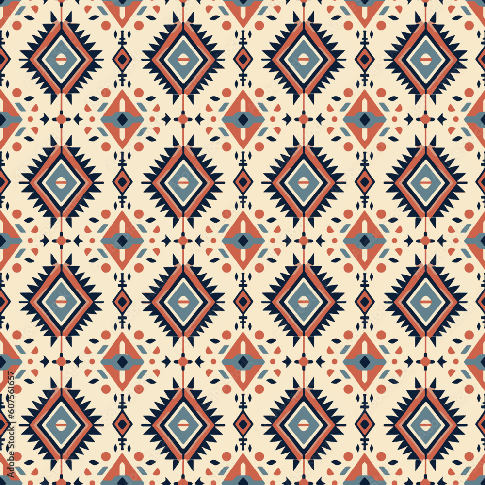 Boho hand drawn modern tribal pattern, beige, navy and rust. Trendy bohemian print. Native motifs, modern abstract geometric style. Digital graphic design. Seamless pattern vector.