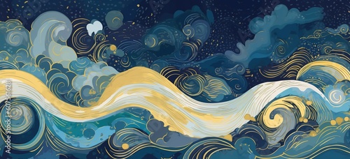 Abstract background with wavy design on blue and golden colors. Digital paint illustration. Generative AI