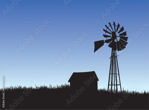 Layer-separated illustration of a Farm House and Windmill Silhouette.