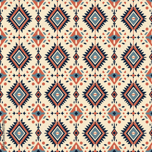 Boho hand drawn modern tribal pattern, beige, navy and rust. Trendy bohemian print. Native motifs, modern abstract geometric style. Digital graphic design. Seamless pattern vector.