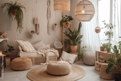 Warm room interior in boho style. Neutral boho decor in light living room, wicker lamps,soft furniture, green plants and candles. AI