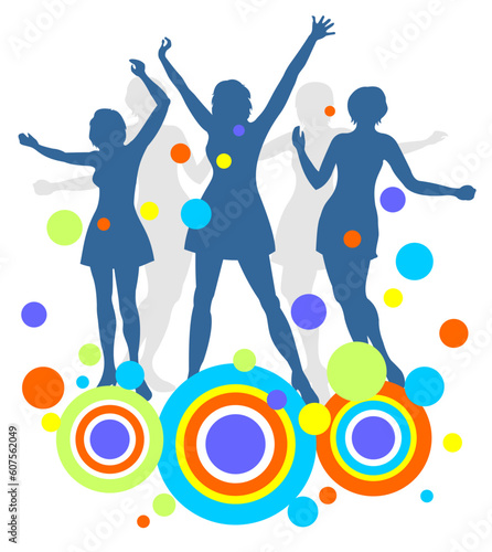 Dark female dancing silhouettes and abstract pattern on a white background.