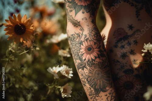 Flower tattoo on arm. Generative AI illustration