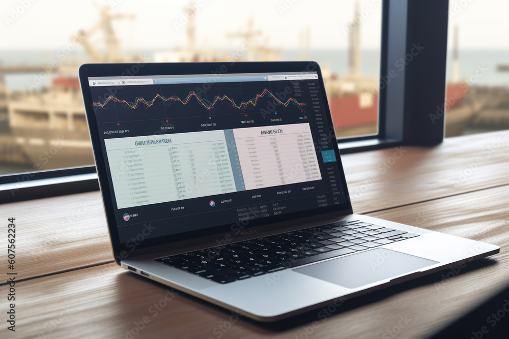 A laptop dashboard that depicts an auction as a race between 3 container ships. AI A laptop dashboard that depicts an auction as a race between 3 container ships. AI