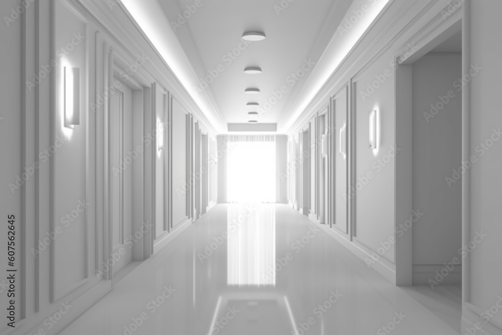 Fototapeta premium Illuminated corridor interior design. Empty Room Interior Background, creative ai
