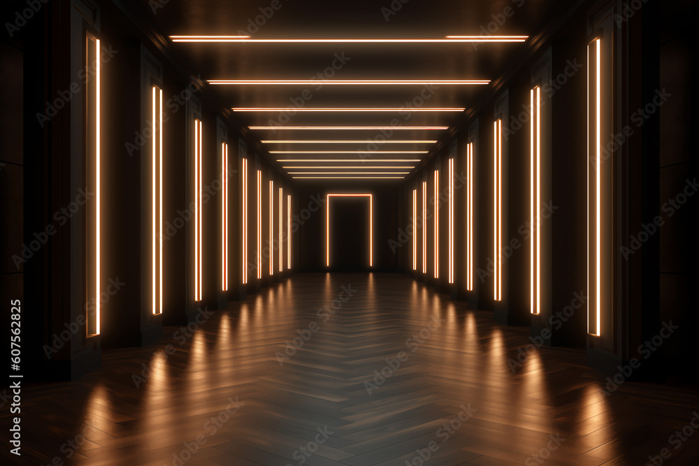 Fototapeta premium Illuminated corridor interior design. Empty Room Interior Background, creative ai