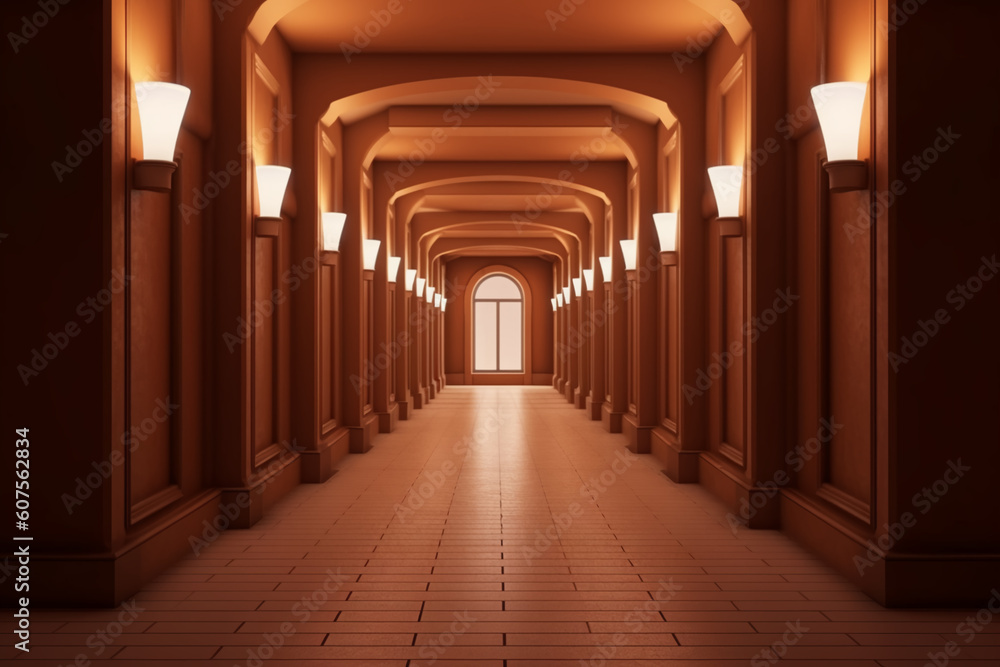 Fototapeta premium Illuminated corridor interior design. Empty Room Interior Background, creative ai