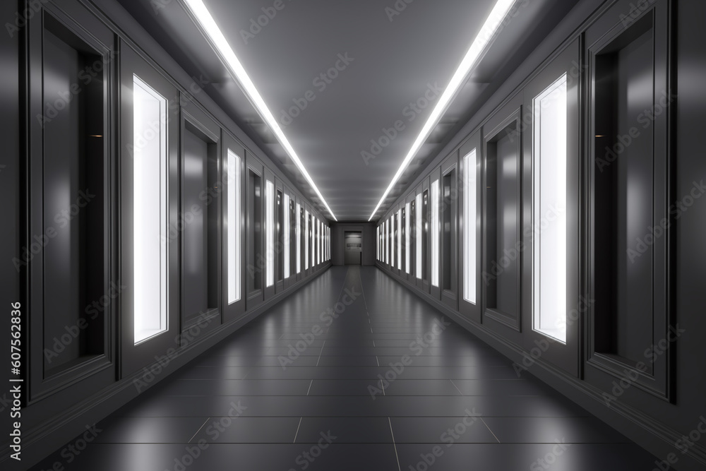 Illuminated corridor interior design. Empty Room Interior Background, creative ai