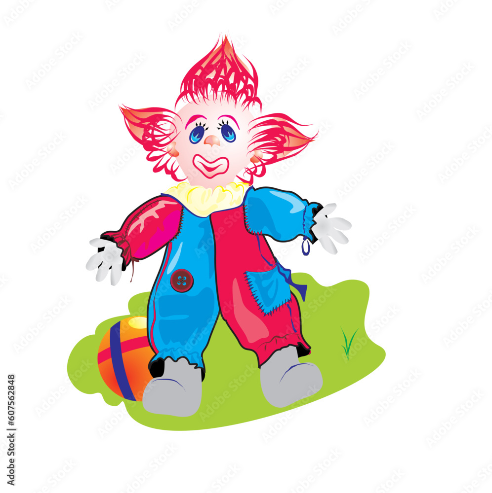 Naklejka premium smiled clown with red hair and elastic kids ball
