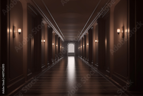 Illuminated corridor interior design. Empty Room Interior Background, creative ai