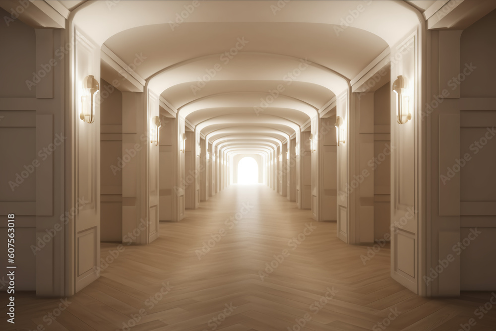 Obraz premium Illuminated corridor interior design. Empty Room Interior Background, creative ai