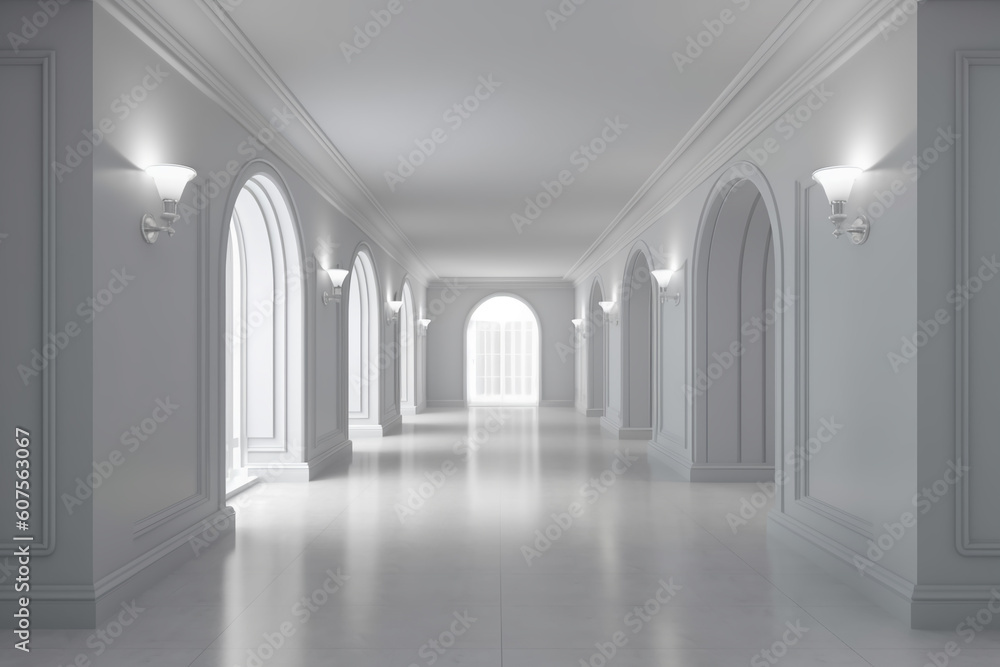 Illuminated corridor interior design. Empty Room Interior Background, creative ai