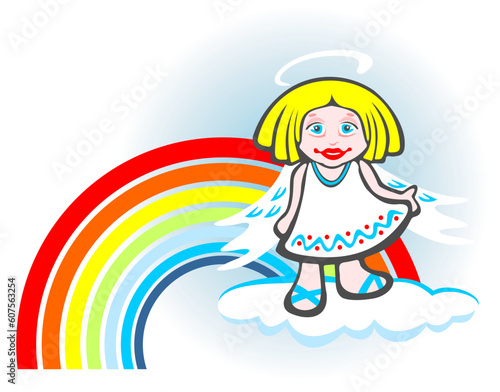 Cheerful angel and rainbow isolated on a white background.