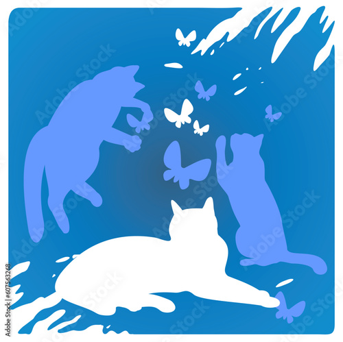 Three cats silhouettes and butterflies on a blue background.