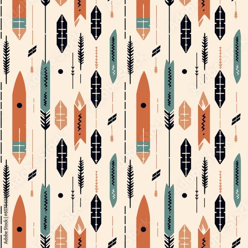 Boho hand drawn arrow and feather modern tribal pattern. Trendy bohemian print. Native motifs, modern abstract geometric style. Digital graphic design. Seamless pattern vector.