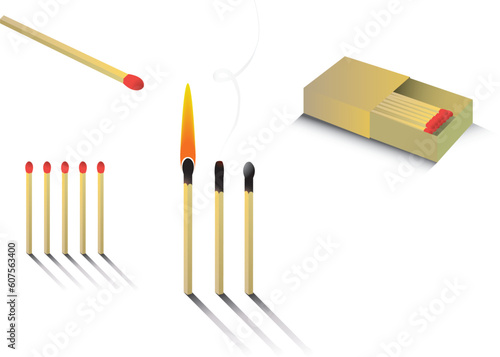 A seclection of match visuals ranging from an unlit box of matches to a single extinguisehed match
