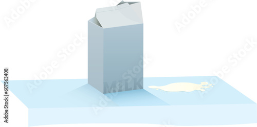 An opened carton sat on a table with splash of spilt milk