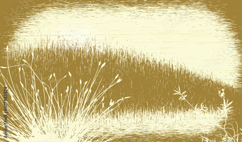 Editable vector illustration of a grassy landscape with grunge. All elements as separate objects.