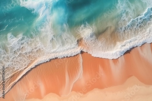 Aerial view from the top of teal ocean beach and burnt orange sand 
