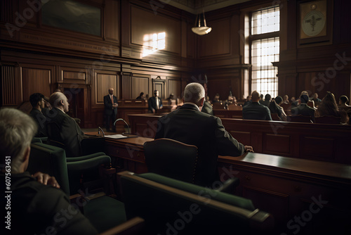 Court session of the Court of Law and Justice, people listen to arguments and evidence, excuses. The concept of the judicial system. Generative AI