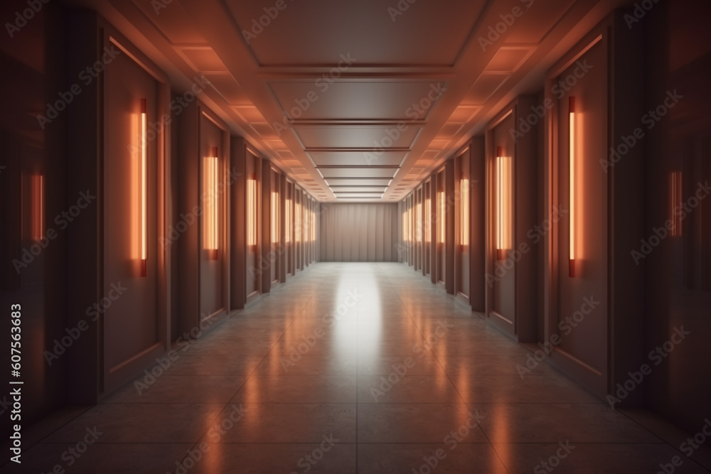 Fototapeta premium Illuminated corridor interior design. Empty Room Interior Background, creative ai