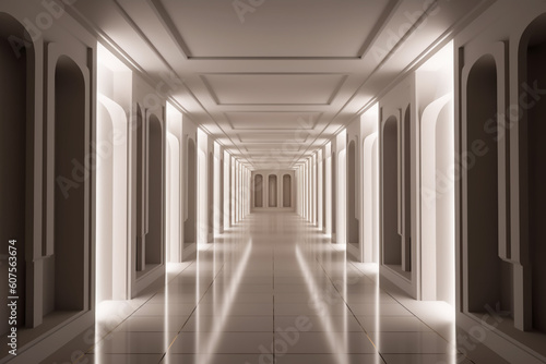 Illuminated corridor interior design. Empty Room Interior Background, creative ai