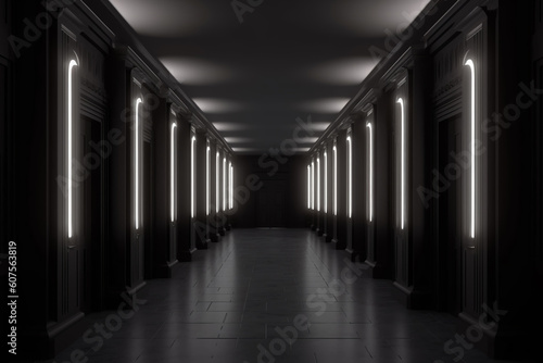 Illuminated corridor interior design. Empty Room Interior Background, creative ai © MUS_GRAPHIC