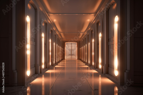 Illuminated corridor interior design. Empty Room Interior Background, creative ai