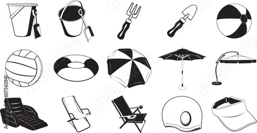 Collection of smooth vector EPS illustrations of various beach-related objects