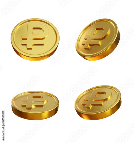 Set of golden rubble coins 3d render isolated on transparent background, png