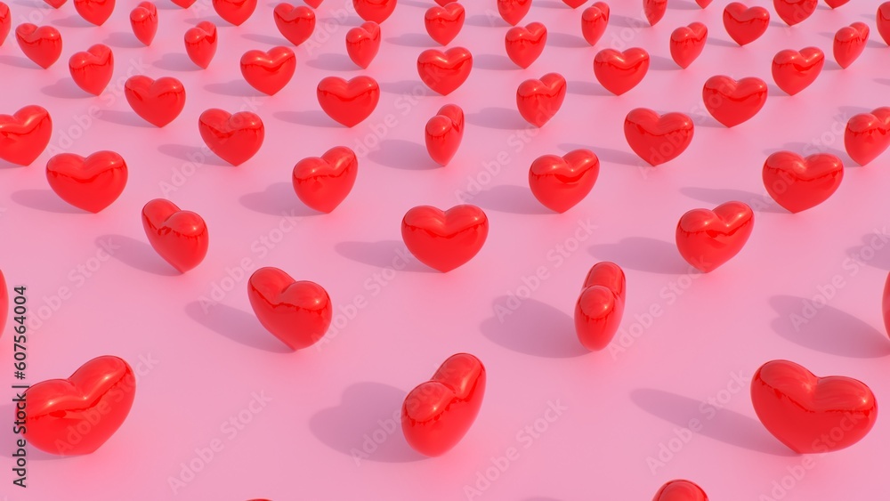 Shiny Red Reflective 3D Hearts Spin Rotate Above Simple Pink Floor - Abstract Background Texture